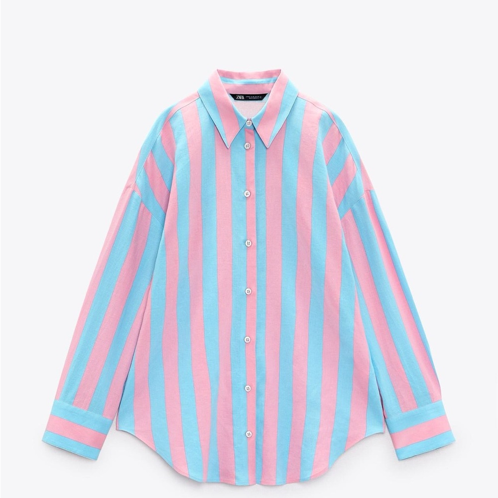 Zara Linen Blue and Pink Striped Shirt